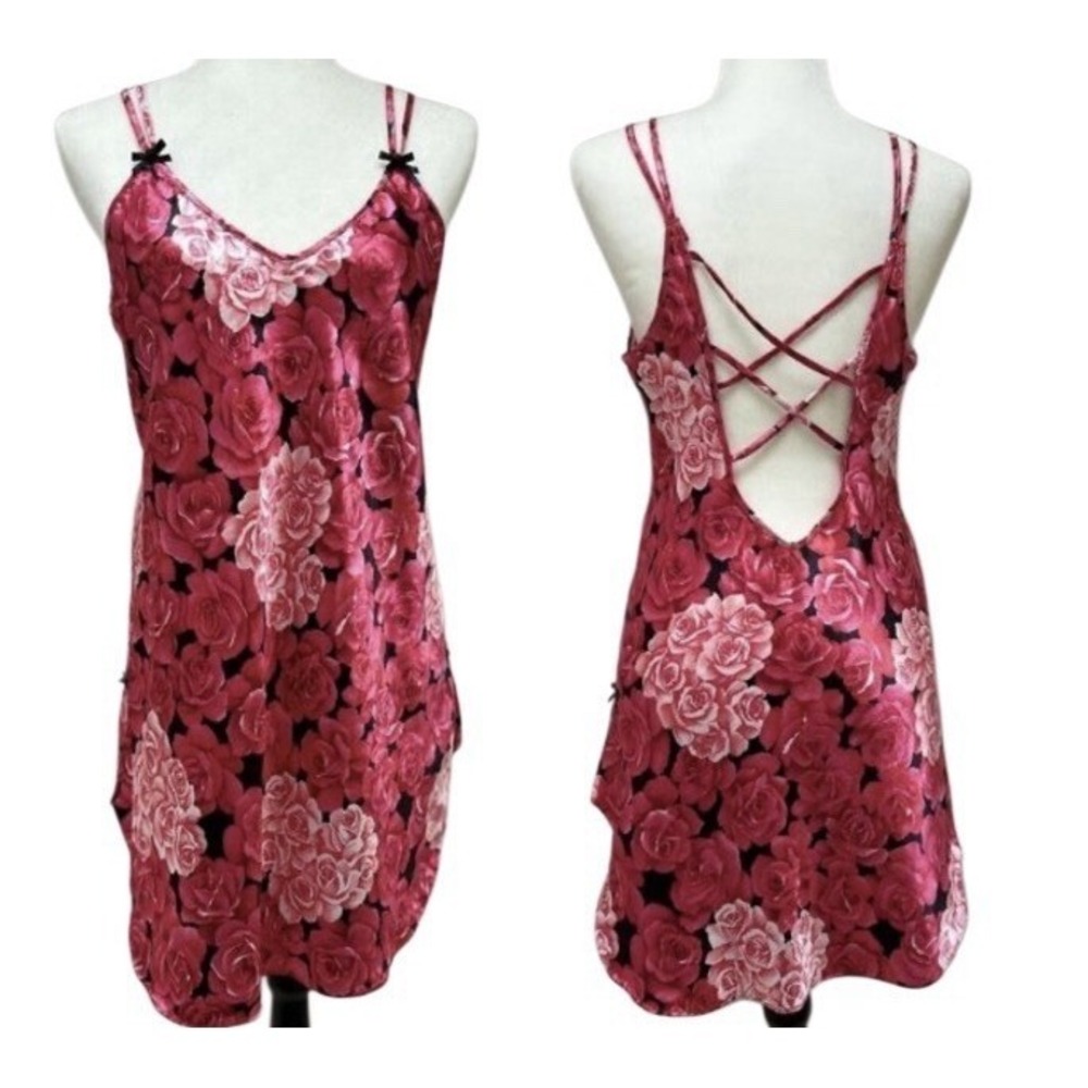 Private‎ Luxuries Silky Satin Nightgown Women M Hot Pink Floral